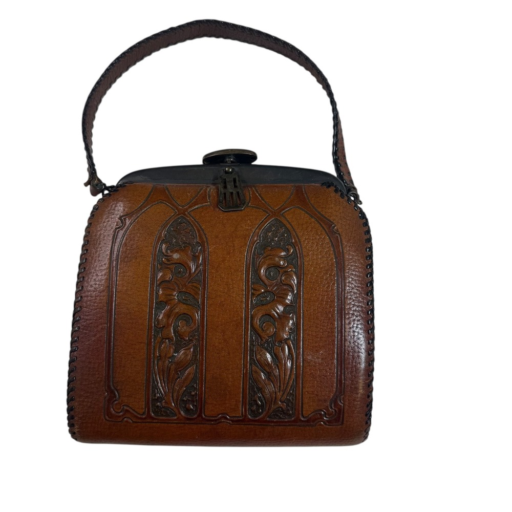 Volland Leathercraft Leather Handbag OS Brown Art Deco Floral Embossed Purse